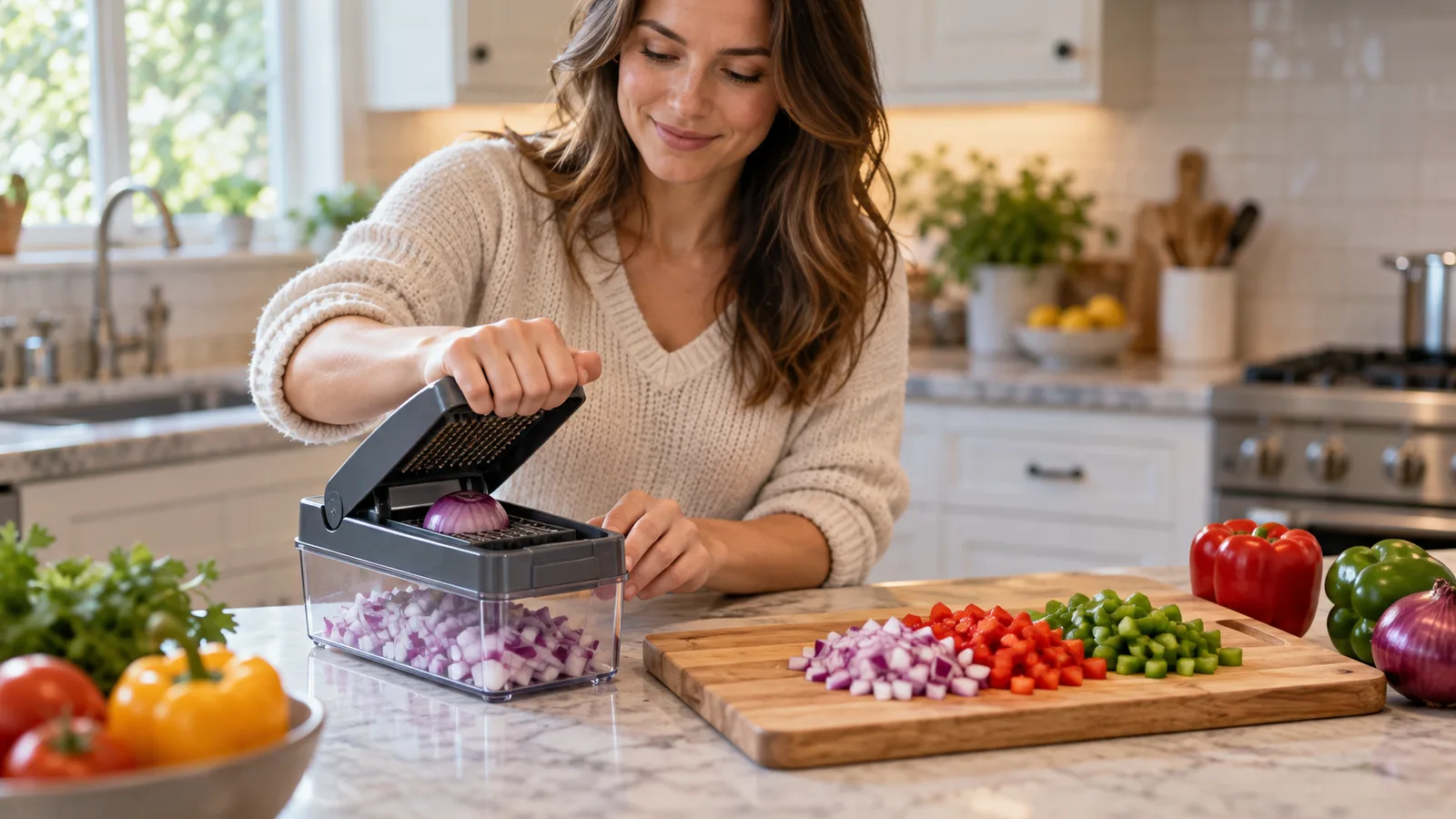 A vegetable chopper on a cutting board with diced onions
