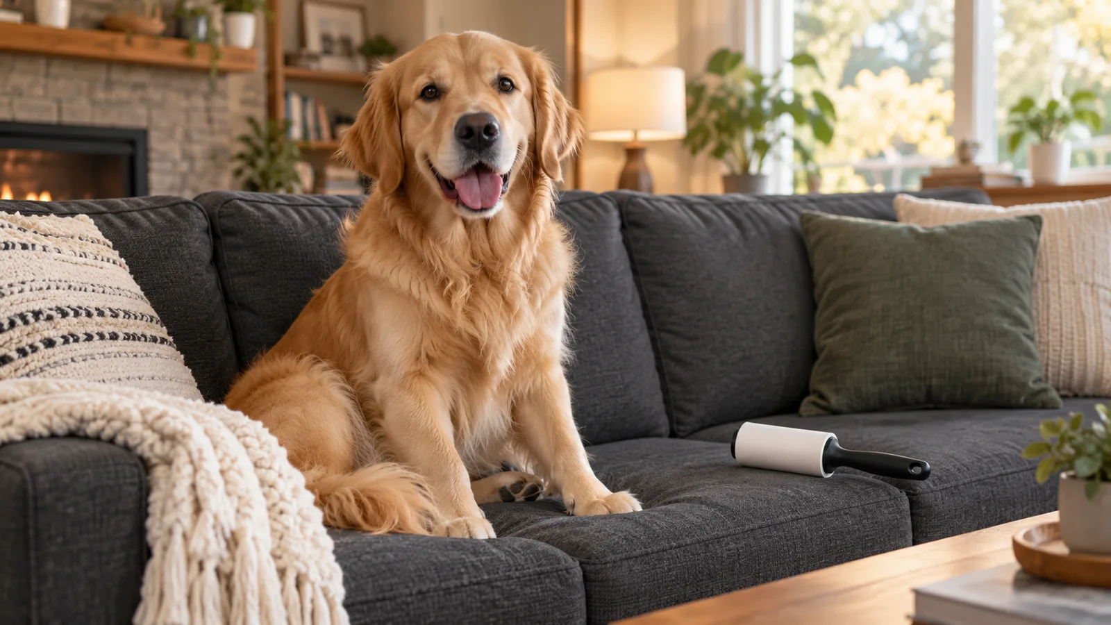A golden retriever on a clean sofa