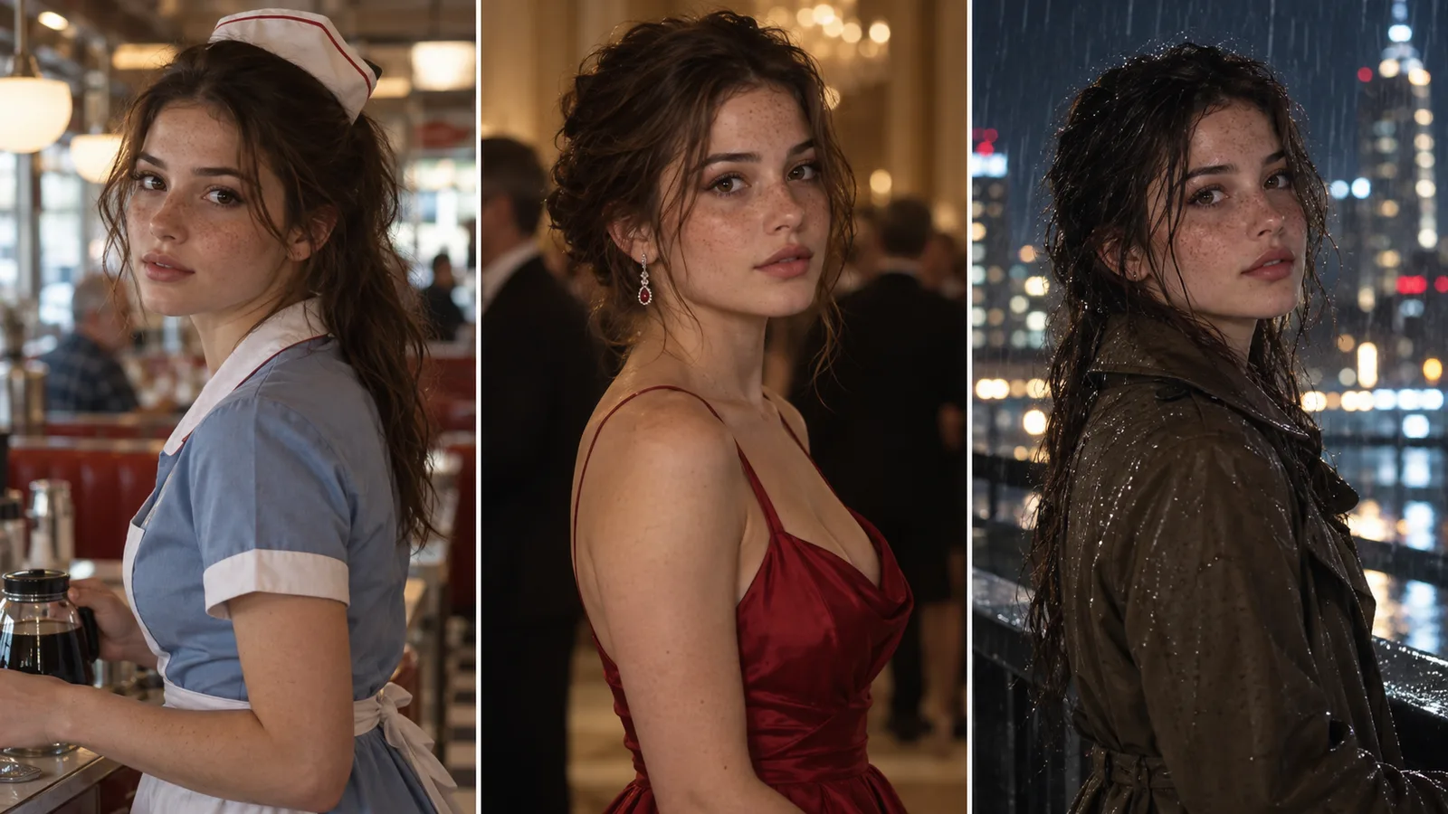 The same woman shown in three different scenes