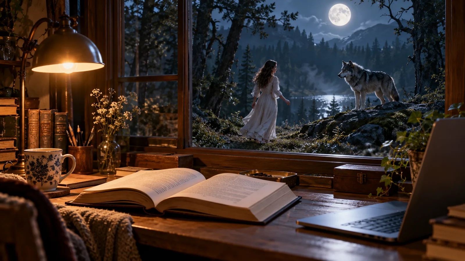 An open novel on a desk with a film scene glowing behind it